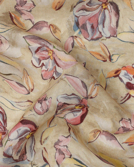 Beige Floral Printed Viscose Crepe Fabric with Red and Orange Abstract Bloom Design, 110 cms Width, Made in India-D26281