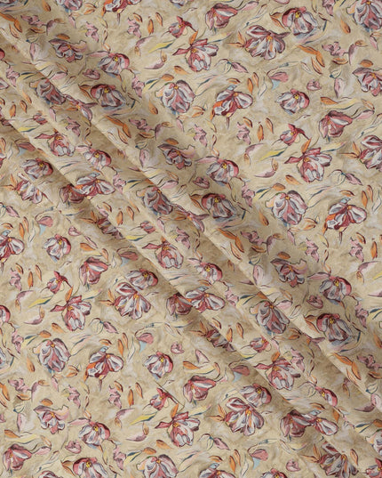 Beige Floral Printed Viscose Crepe Fabric with Red and Orange Abstract Bloom Design, 110 cms Width, Made in India-D26281