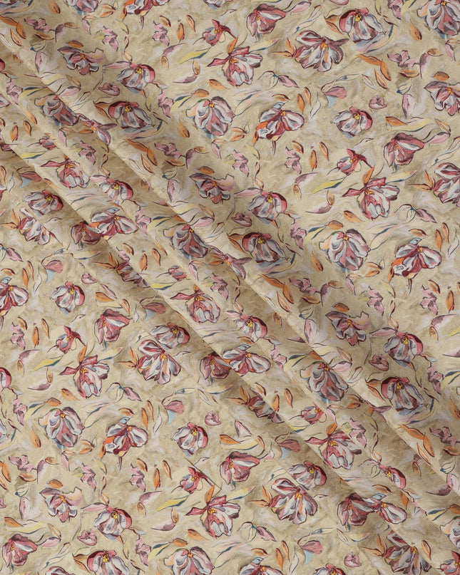 Beige Floral Printed Viscose Crepe Fabric with Red and Orange Abstract Bloom Design, 110 cms Width, Made in India-D26281
