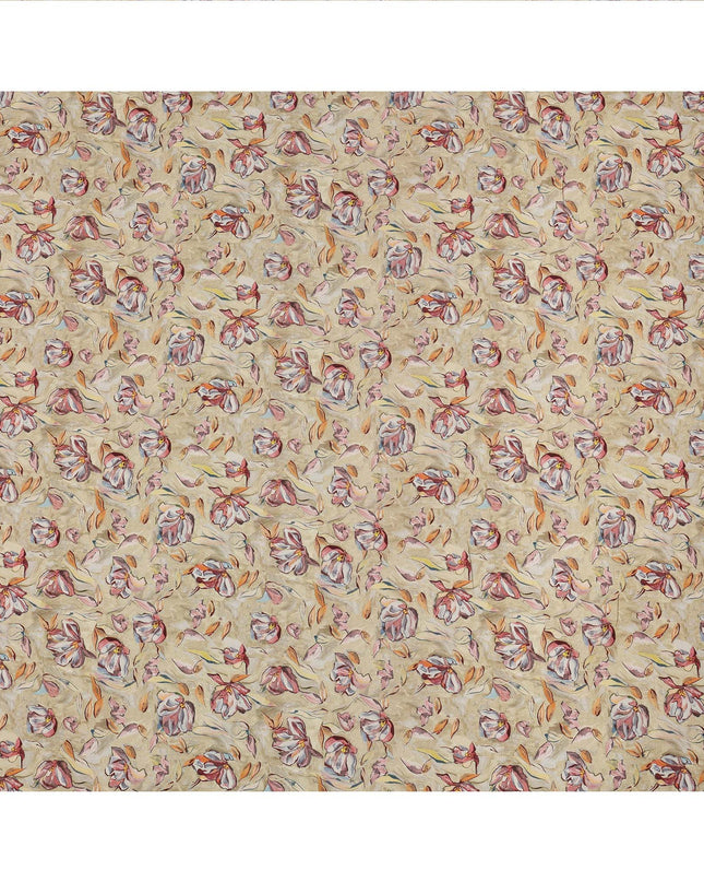 Beige Floral Printed Viscose Crepe Fabric with Red and Orange Abstract Bloom Design, 110 cms Width, Made in India-D26281
