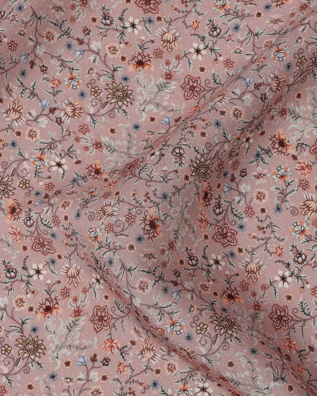 Dusty Pink Tiny Floral Printed Viscose Crepe Fabric with Multicolor Micro Bloom Design, 110 cms Width, Made in India-D26299