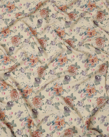 Cream Multicolor Floral Printed Viscose Crepe Fabric with Elegant Bloom Design, 110 cms Width, Made in India-D26276