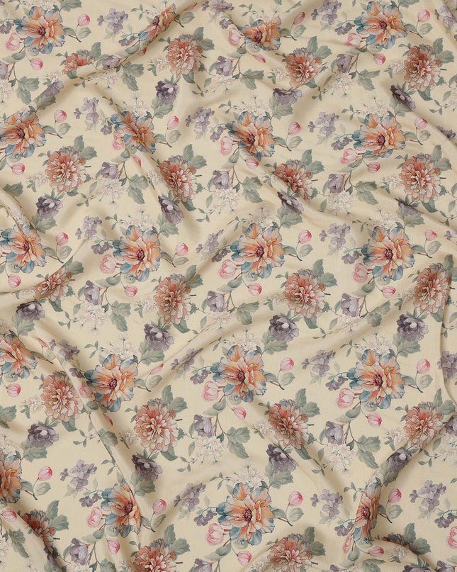 Cream Multicolor Floral Printed Viscose Crepe Fabric with Elegant Bloom Design, 110 cms Width, Made in India-D26276