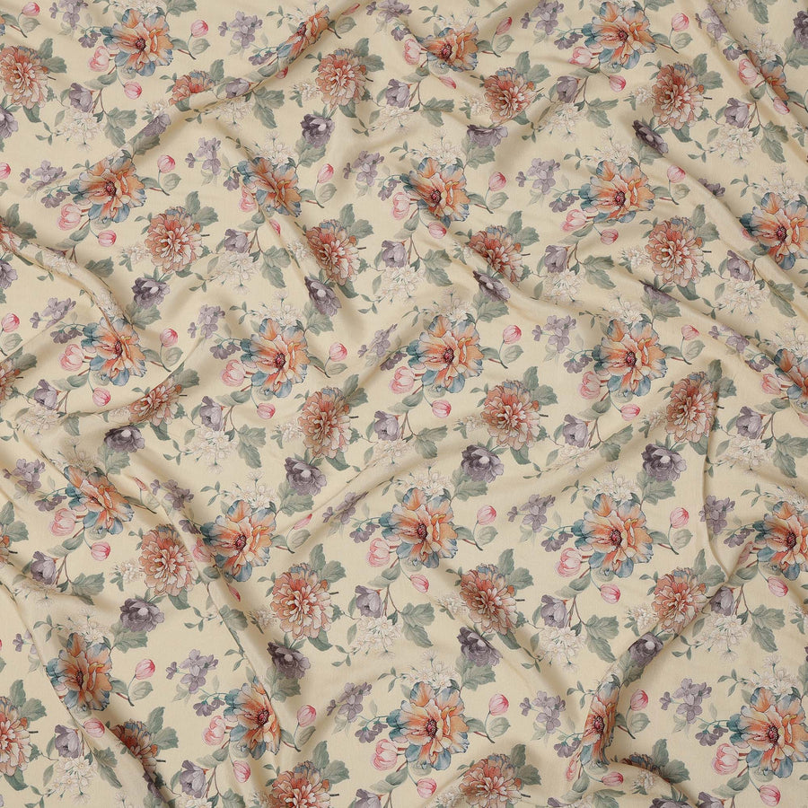Cream Multicolor Floral Printed Viscose Crepe Fabric with Elegant Bloom Design, 110 cms Width, Made in India-D26276