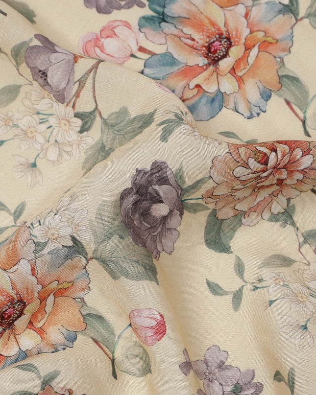 Cream Multicolor Floral Printed Viscose Crepe Fabric with Elegant Bloom Design, 110 cms Width, Made in India-D26276