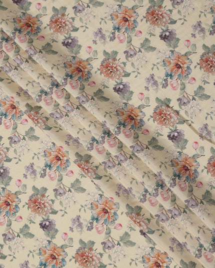 Cream Multicolor Floral Printed Viscose Crepe Fabric with Elegant Bloom Design, 110 cms Width, Made in India-D26276
