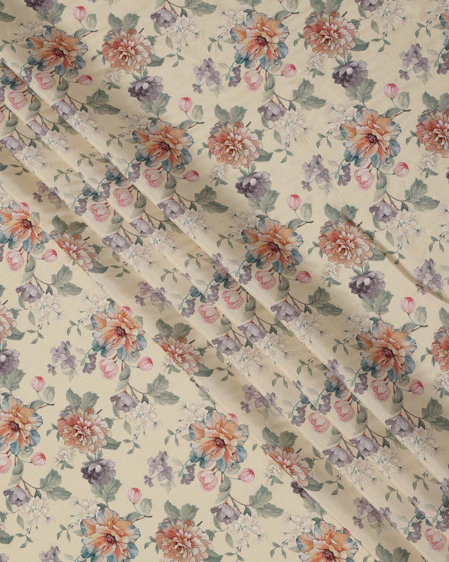 Cream Multicolor Floral Printed Viscose Crepe Fabric with Elegant Bloom Design, 110 cms Width, Made in India-D26276