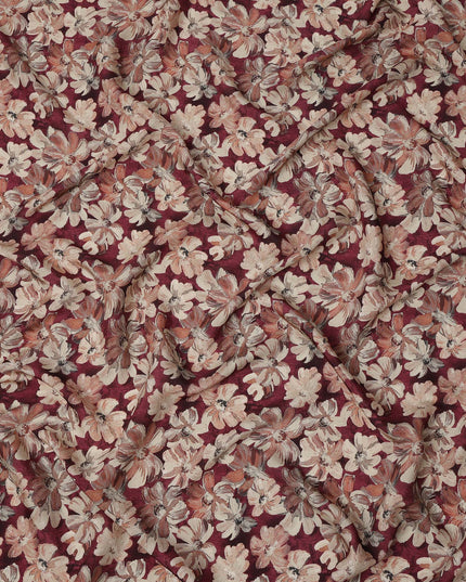 Maroon Floral Printed Viscose Crepe Fabric with Beige and Rust Bloom Design, 110 cms Width, Made in India-D26279