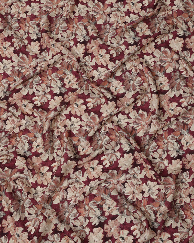 Maroon Floral Printed Viscose Crepe Fabric with Beige and Rust Bloom Design, 110 cms Width, Made in India-D26279