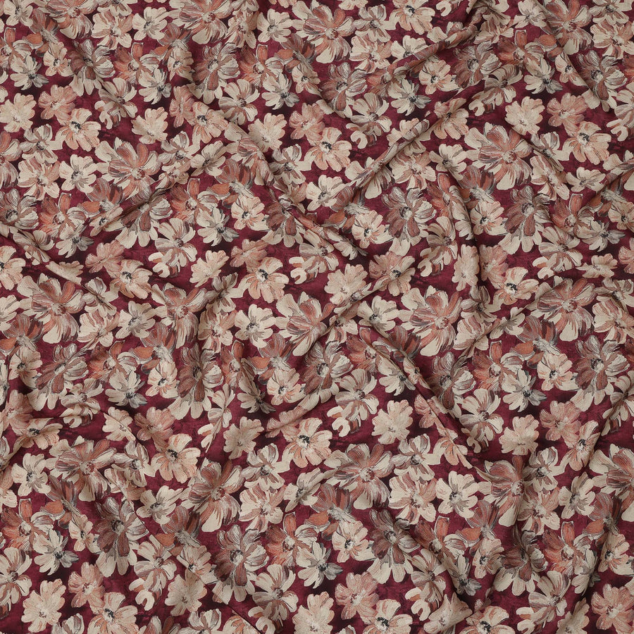Maroon Floral Printed Viscose Crepe Fabric with Beige and Rust Bloom Design, 110 cms Width, Made in India-D26279