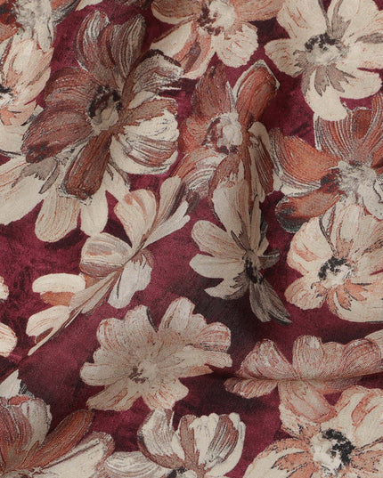 Maroon Floral Printed Viscose Crepe Fabric with Beige and Rust Bloom Design, 110 cms Width, Made in India-D26279