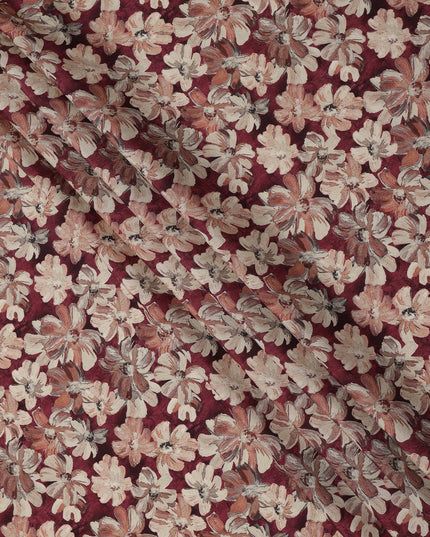 Maroon Floral Printed Viscose Crepe Fabric with Beige and Rust Bloom Design, 110 cms Width, Made in India-D26279