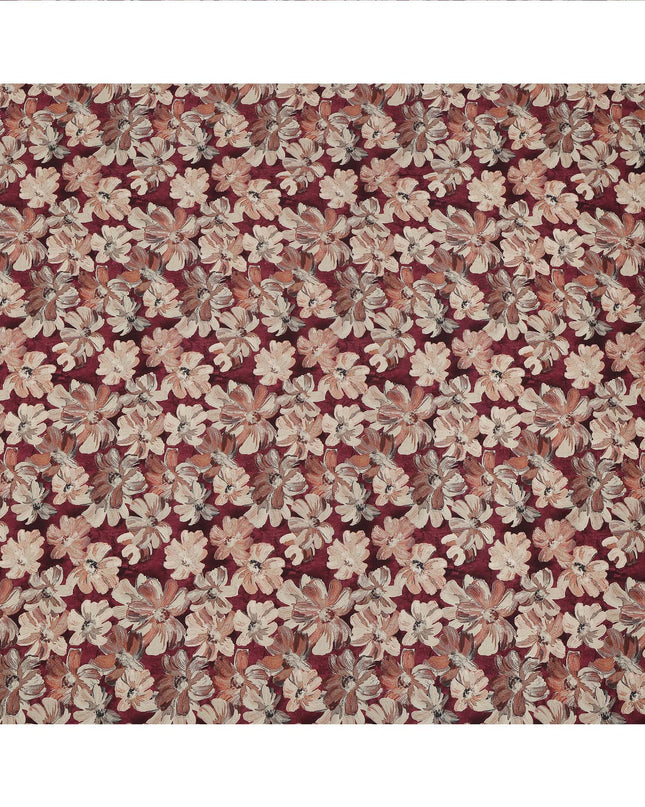 Maroon Floral Printed Viscose Crepe Fabric with Beige and Rust Bloom Design, 110 cms Width, Made in India-D26279