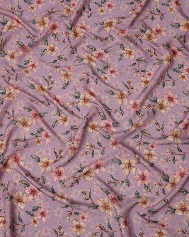 Lilac Floral Printed Viscose Crepe Fabric with Peach and Pink Bloom Design, 110 cms Width, Made in India-D26283