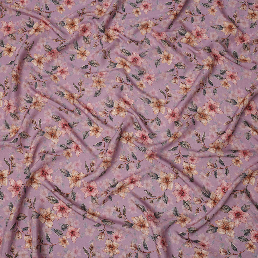Lilac Floral Printed Viscose Crepe Fabric with Peach and Pink Bloom Design, 110 cms Width, Made in India-D26283