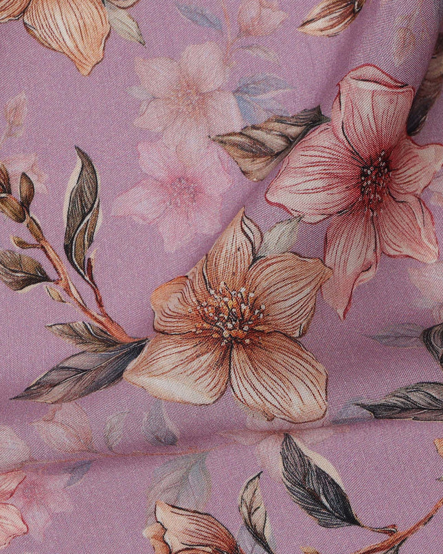 Lilac Floral Printed Viscose Crepe Fabric with Peach and Pink Bloom Design, 110 cms Width, Made in India-D26283
