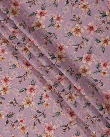 Lilac Floral Printed Viscose Crepe Fabric with Peach and Pink Bloom Design, 110 cms Width, Made in India-D26283