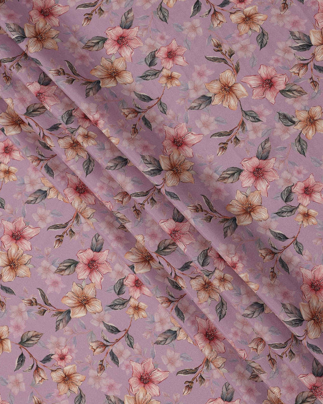 Lilac Floral Printed Viscose Crepe Fabric with Peach and Pink Bloom Design, 110 cms Width, Made in India-D26283