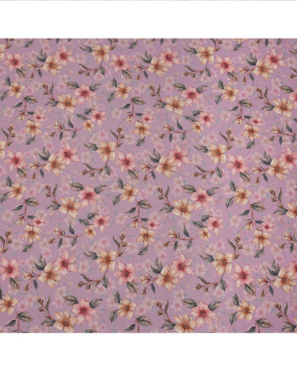 Lilac Floral Printed Viscose Crepe Fabric with Peach and Pink Bloom Design, 110 cms Width, Made in India-D26283