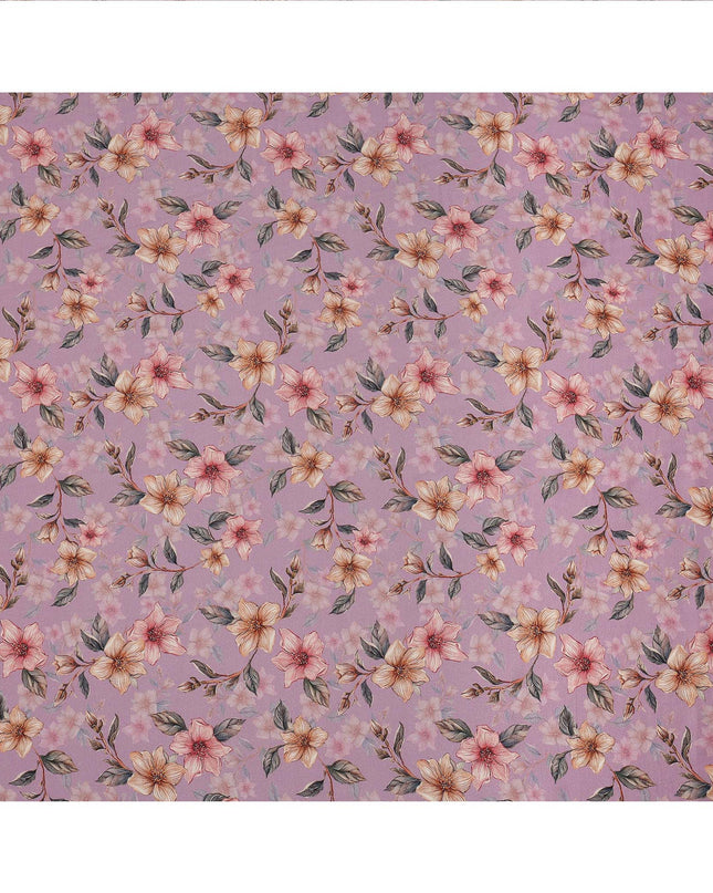 Lilac Floral Printed Viscose Crepe Fabric with Peach and Pink Bloom Design, 110 cms Width, Made in India-D26283