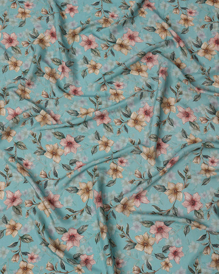 Sky Blue Floral Printed Viscose Crepe Fabric with Peach and Beige Bloom Design, 110 cms Width, Made in India-D26292