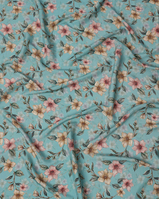 Sky Blue Floral Printed Viscose Crepe Fabric with Peach and Beige Bloom Design, 110 cms Width, Made in India-D26292