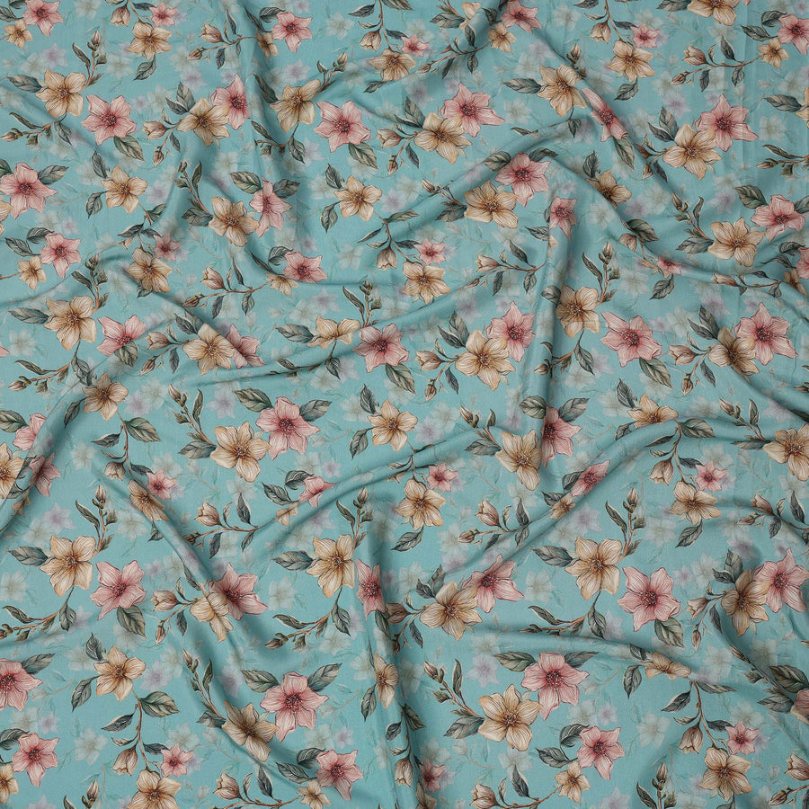 Sky Blue Floral Printed Viscose Crepe Fabric with Peach and Beige Bloom Design, 110 cms Width, Made in India-D26292