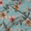 Sky Blue Floral Printed Viscose Crepe Fabric with Peach and Beige Bloom Design, 110 cms Width, Made in India-D26292