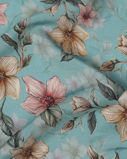 Sky Blue Floral Printed Viscose Crepe Fabric with Peach and Beige Bloom Design, 110 cms Width, Made in India-D26292