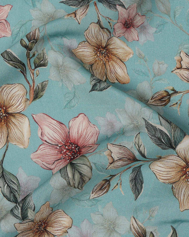 Sky Blue Floral Printed Viscose Crepe Fabric with Peach and Beige Bloom Design, 110 cms Width, Made in India-D26292