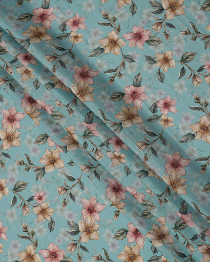 Sky Blue Floral Printed Viscose Crepe Fabric with Peach and Beige Bloom Design, 110 cms Width, Made in India-D26292