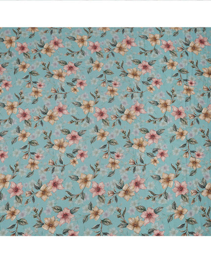 Sky Blue Floral Printed Viscose Crepe Fabric with Peach and Beige Bloom Design, 110 cms Width, Made in India-D26292