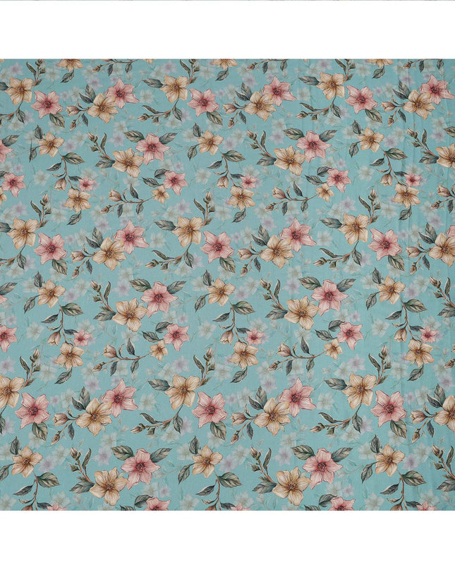 Sky Blue Floral Printed Viscose Crepe Fabric with Peach and Beige Bloom Design, 110 cms Width, Made in India-D26292