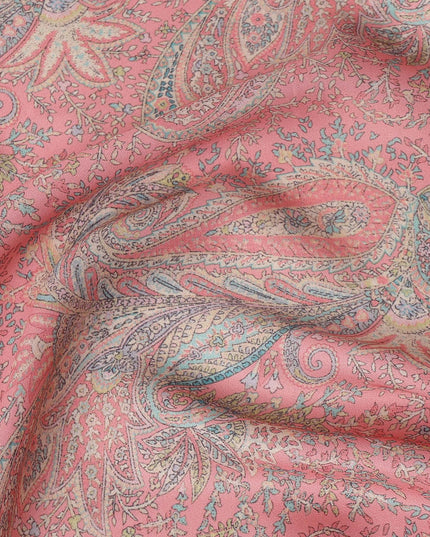 Peach and Grey Paisley Printed Synthetic Crepe Fabric, 110 Cms Width, Made in India-D26269