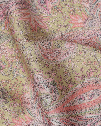 Beige and Pink Paisley Printed Synthetic Crepe Fabric, 110 Cms Width, Made in India-D26268