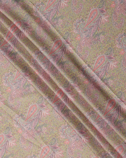 Beige and Pink Paisley Printed Synthetic Crepe Fabric, 110 Cms Width, Made in India-D26268