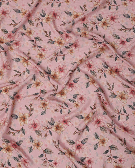 Blush Pink Floral Printed Viscose Crepe Fabric with Peach and Yellow Bloom Design, 110 cms Width, Made in India-D26294