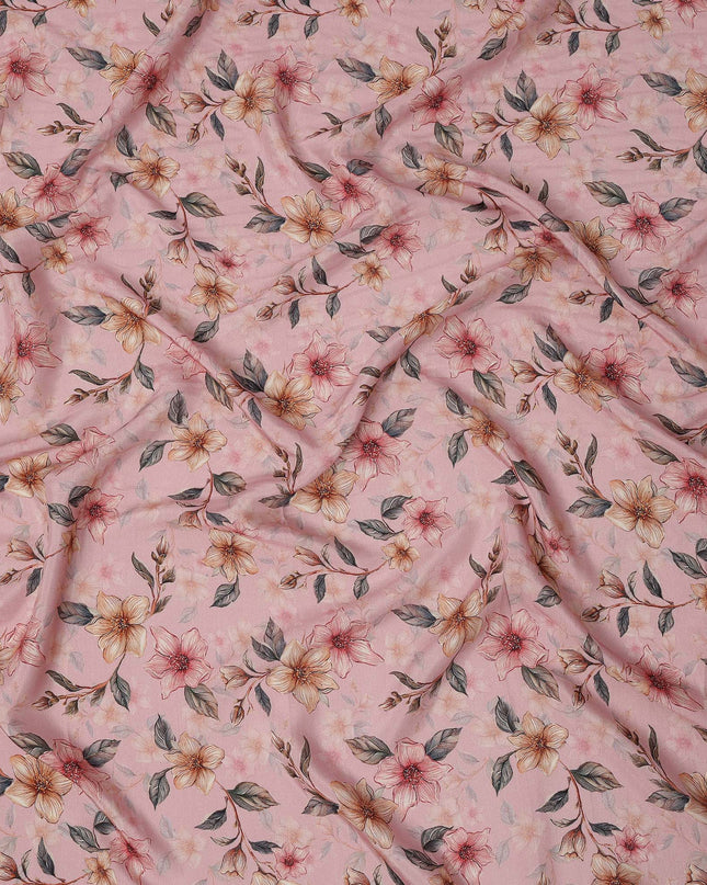 Blush Pink Floral Printed Viscose Crepe Fabric with Peach and Yellow Bloom Design, 110 cms Width, Made in India-D26294