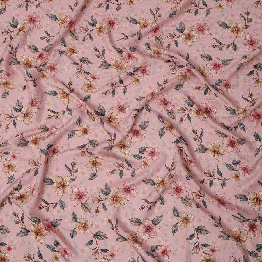Blush Pink Floral Printed Viscose Crepe Fabric with Peach and Yellow Bloom Design, 110 cms Width, Made in India-D26294