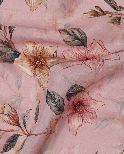 Blush Pink Floral Printed Viscose Crepe Fabric with Peach and Yellow Bloom Design, 110 cms Width, Made in India-D26294