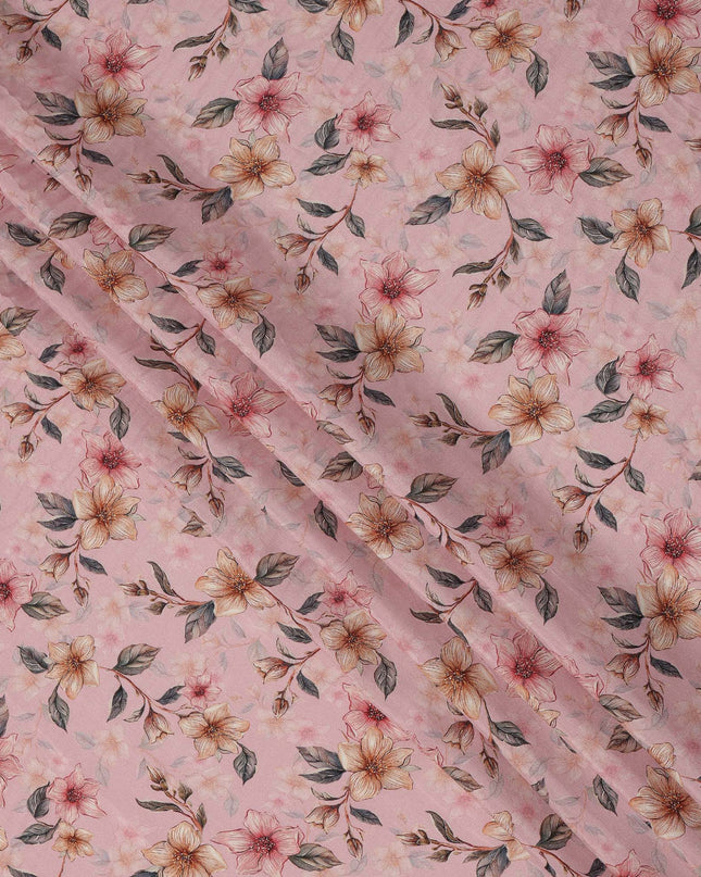 Blush Pink Floral Printed Viscose Crepe Fabric with Peach and Yellow Bloom Design, 110 cms Width, Made in India-D26294
