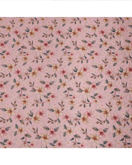Blush Pink Floral Printed Viscose Crepe Fabric with Peach and Yellow Bloom Design, 110 cms Width, Made in India-D26294