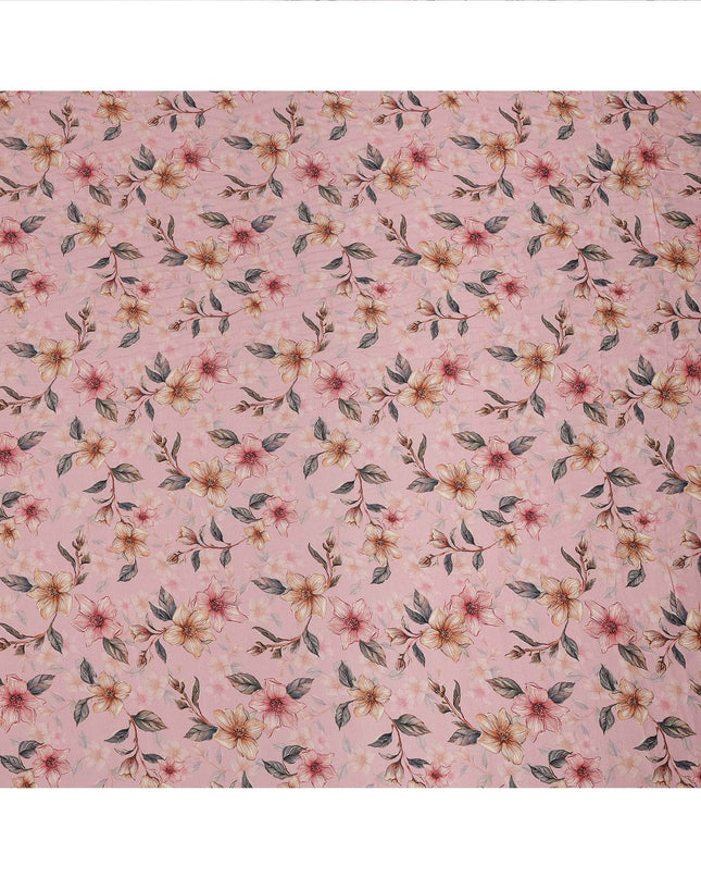 Blush Pink Floral Printed Viscose Crepe Fabric with Peach and Yellow Bloom Design, 110 cms Width, Made in India-D26294