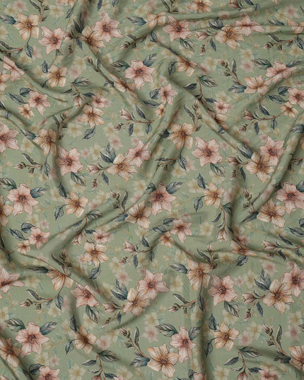 Sage Green Floral Printed Viscose Crepe Fabric with Peach and Cream Bloom Design, 110 cms Width, Made in India-D26278