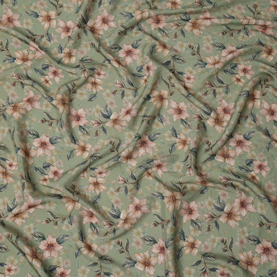 Sage Green Floral Printed Viscose Crepe Fabric with Peach and Cream Bloom Design, 110 cms Width, Made in India-D26278