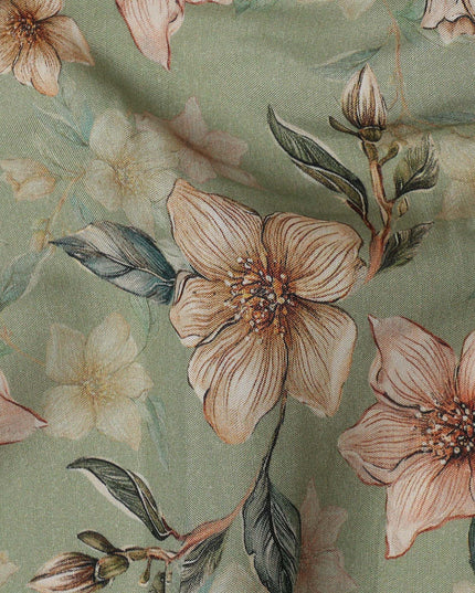 Sage Green Floral Printed Viscose Crepe Fabric with Peach and Cream Bloom Design, 110 cms Width, Made in India-D26278