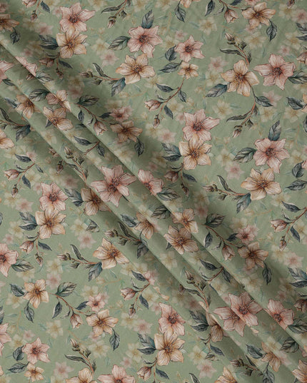 Sage Green Floral Printed Viscose Crepe Fabric with Peach and Cream Bloom Design, 110 cms Width, Made in India-D26278