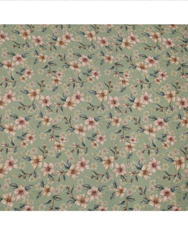 Sage Green Floral Printed Viscose Crepe Fabric with Peach and Cream Bloom Design, 110 cms Width, Made in India-D26278