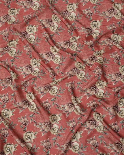 Brick Red Floral Printed Viscose Crepe Fabric with Cream and Mauve Rose Design, 110 cms Width, Made in India-D26277