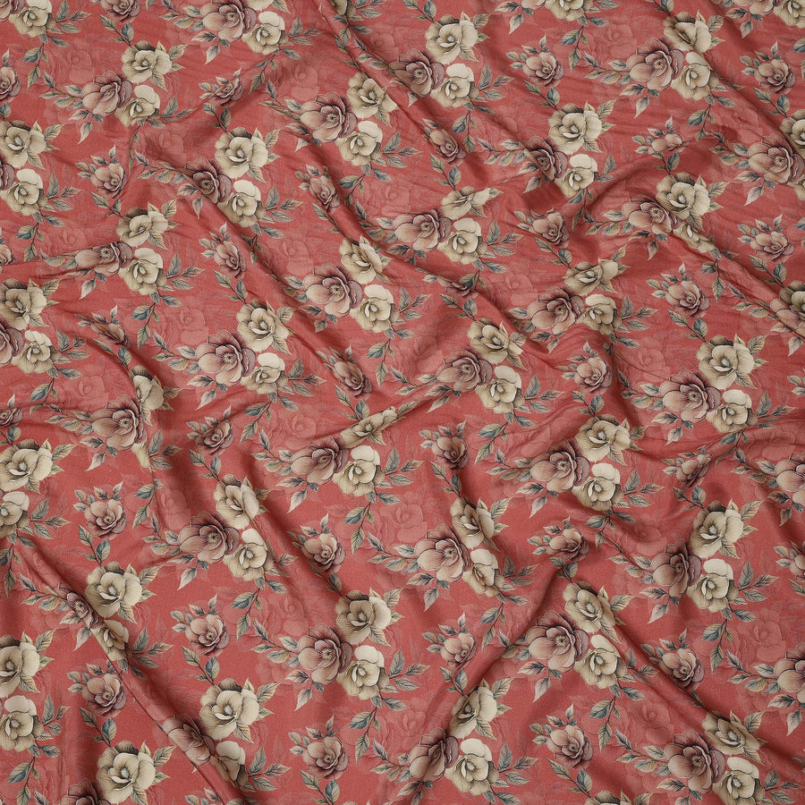 Brick Red Floral Printed Viscose Crepe Fabric with Cream and Mauve Rose Design, 110 cms Width, Made in India-D26277